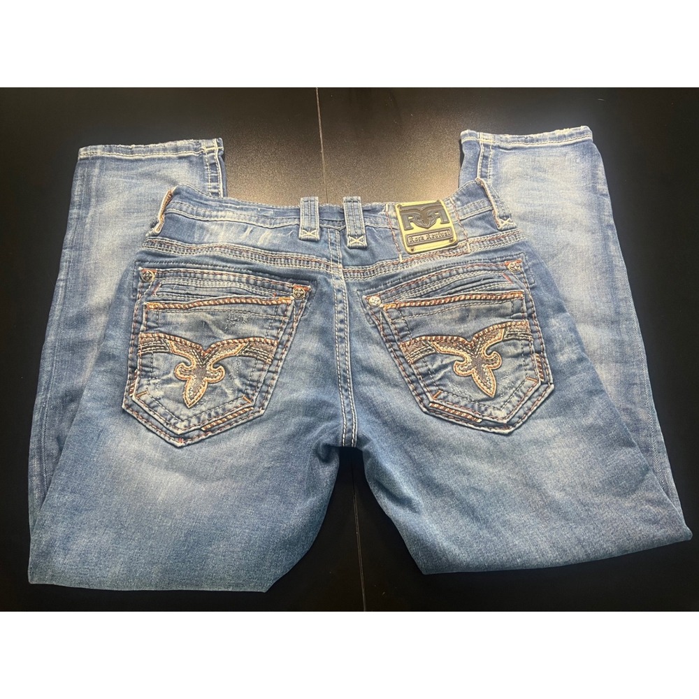 Rock Revival Slim Straight Jeans Mens 33 x 28 Blue Embroidered Distressed Denim